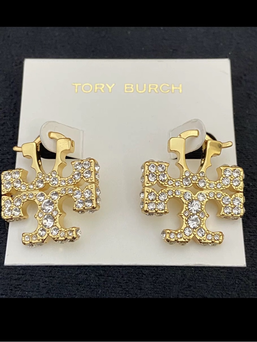 TORY BURCH GOLD PAVÉ EMBELISHED ELENOR HIDDEN HOOP EARRINGS